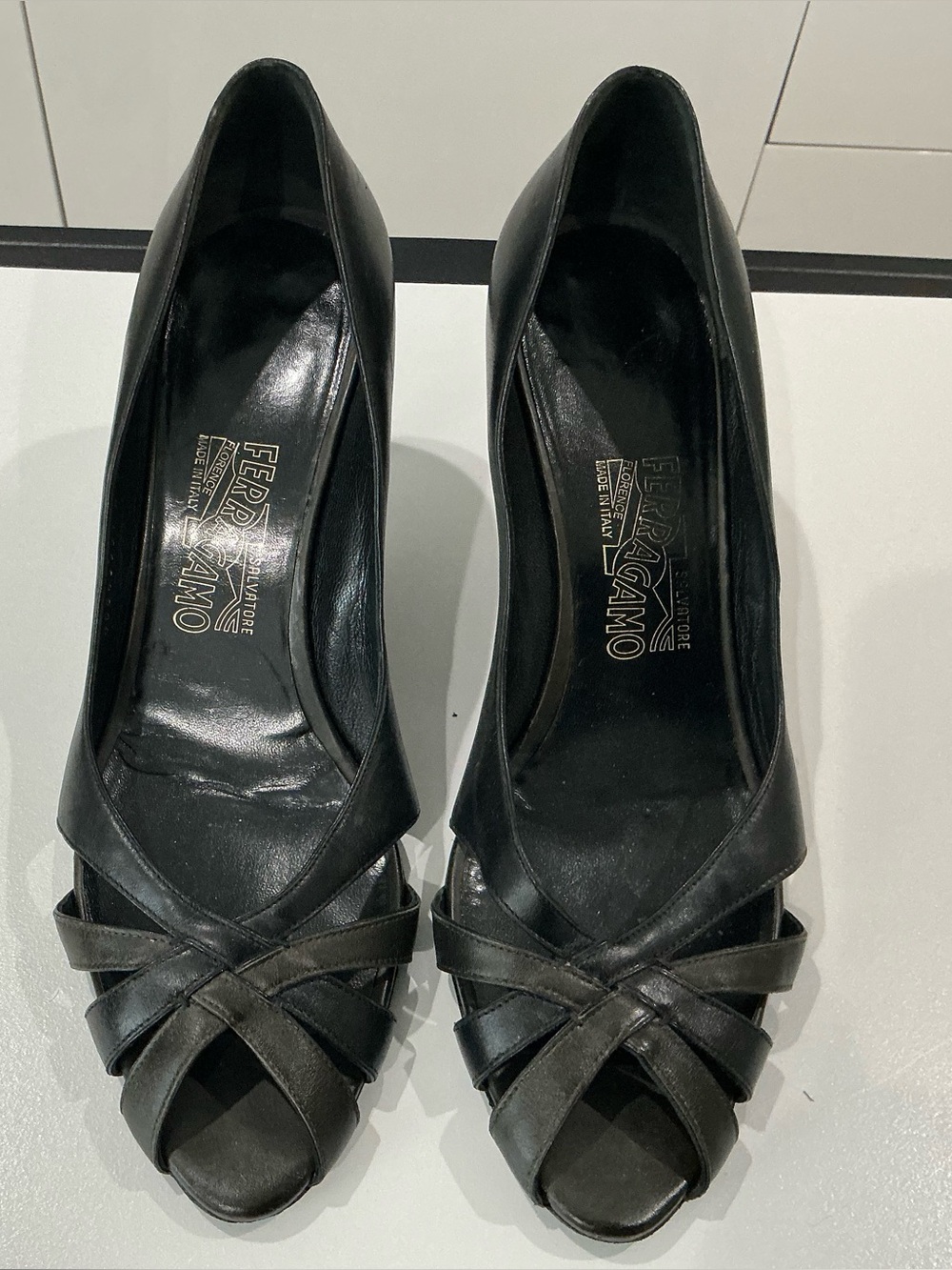 Salvatore Ferragamo, black leather peep toe pumps size 10